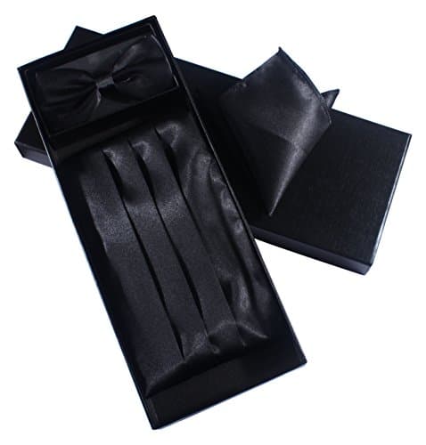 Satin Cummerbund Bow Tie and Hanky Set solid color pre-tied bowtie and pocket square gift box set (Black)