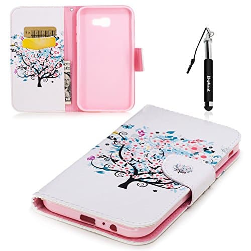 Galaxy A7 2017 White Leather Case,Flip Wallet Case for Samsung Galaxy A7 2017,Huphant Cherry Tree Premium PU Leather Case Cover Flip Wallet Case for Samsung Galaxy A7 2017 Exquisite Painting Smooth Touch Full Body Bumper Anti-Scratch Shell Magnetic Folio Holster Case with Card Slots Kickstand Function Shockproof Protective Case + Black Retractable Dust Plug Stylus Pen