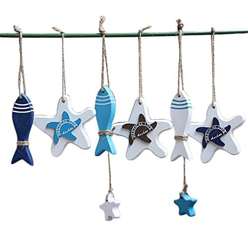 iTemer 6 pcs Mediterranean Style Wood Starfish Fish String Creative Wall Decor Hanging Decoration Accessory for Kids