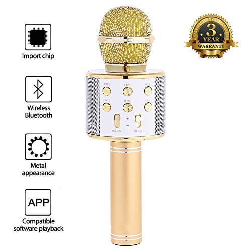 Generic Portable Magic Karaoke Wireless Handheld Microphone Bluetooth Speaker Player Recorder For Apple iPhone Android Smartphone PC Music Playing Singing Home KTV (WS858 Gold)