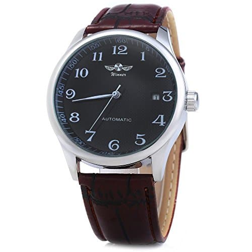 Leopard Shop Winner Men Automatic Mechanical Watch Date Display Leather Band Black Brown
