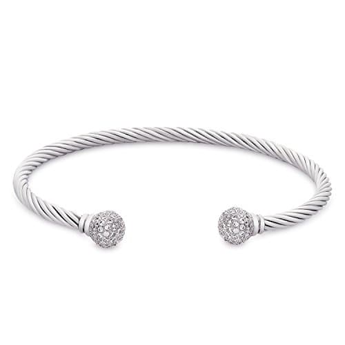 Elastic Twisted Cable Open Cuff Bangle Bracelet with Crystal Balls, 7.25”