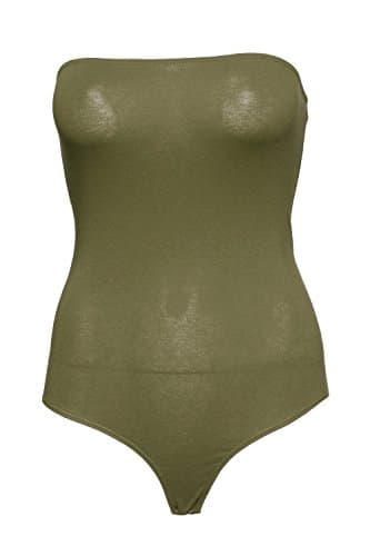 Curvy Street Solid Color One Piece Seamless Strapless Bodysuits (Olive, Medium)