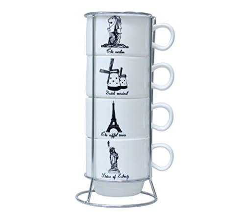 Stacking Mugs Fine Porcelain Coffee Mugs Set Includes 4 Cups with Rack,Famous City Picture,5 Oz Cups