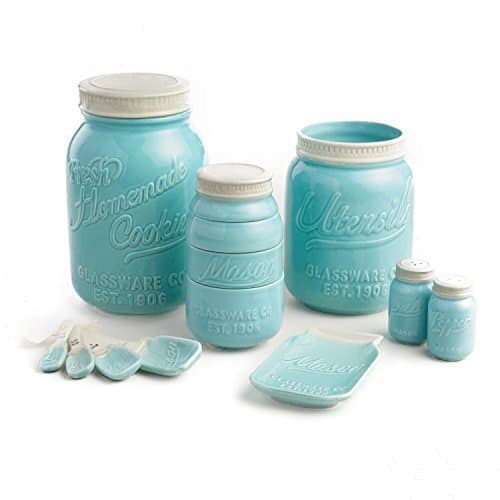 Mason Jar Ceramic Kitchenware Complete Set: Measuring Cups and Spoons, Cookie Jar, Utensil Crock, Spoon Rest, Salt and Pepper Shaker by Mason Jar