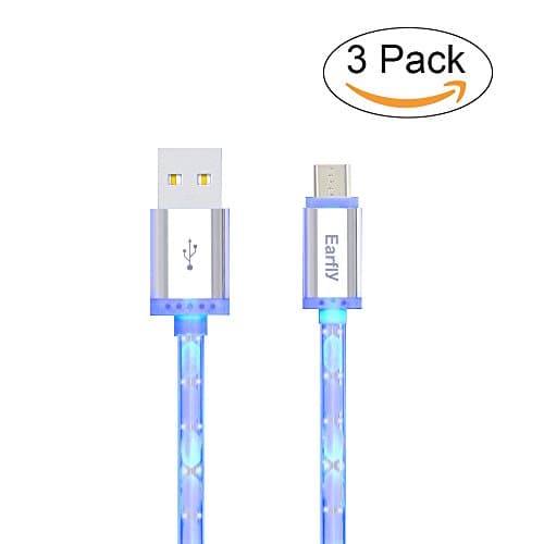 Micro USB Cables, Earfly Glow in Dark High Speed USB 2.0 Cables USB Android Charging Cables for Samsung Galaxy and other Android Smartphone devices.(Android 3 pack)