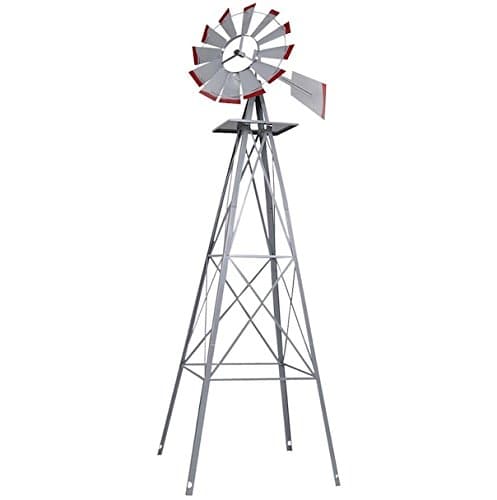 8FT Tall Ornamental Windmill Windspinner Silver Gray And Red Wind Wheel Outdoor Patio Garden Yard Décor Weather Vane Heavy Steel Structure Durable Wind Spinner