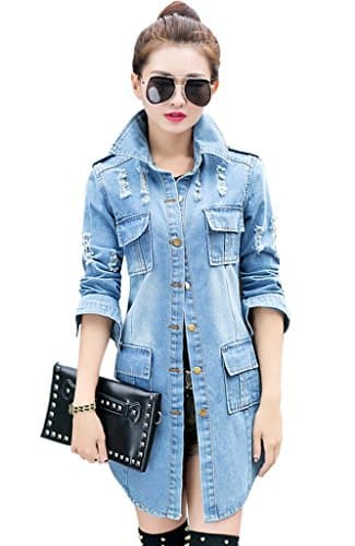 Wincolor Women's Button Down Ripped Distressed Long Denim Jacket Coat