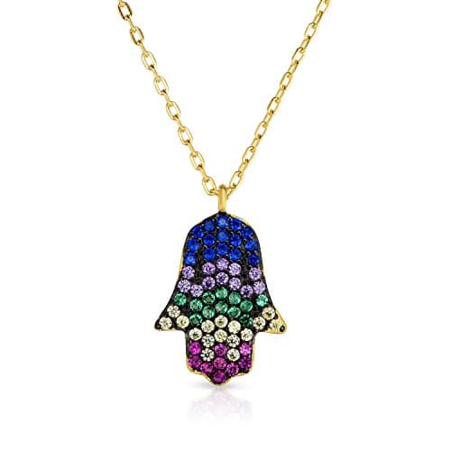 925 Solid Sterling Silver Nano Hamsa Pendant And Necklace with Adjustable Length 16"-18" (14K Yellow Gold Plated)