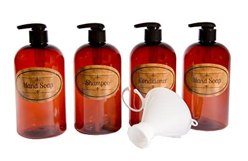 Bottiful Home-16 oz Empty Amber PET Plastic Shampoo, Conditioner, 2 Hand Soap Bottles-Tan Waterproof Labels-100% Rust-FREE, Clog-FREE, Drip-FREE-Plus Bonus Twist-on Funnel