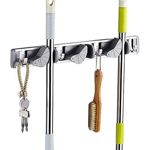 3 Positions 4 Hooks Mop Broom Clean Tool Holder Wall Mounted Hook Utility Rack Adhesive or Screw Hanger for Garden Garage Bathing Room Storage