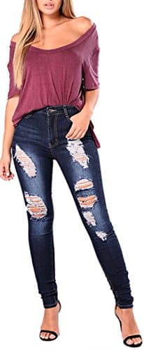 Women's High Rise Pull-On Ripped Distressed Stretch Pants Denim Skinny Jean Blue