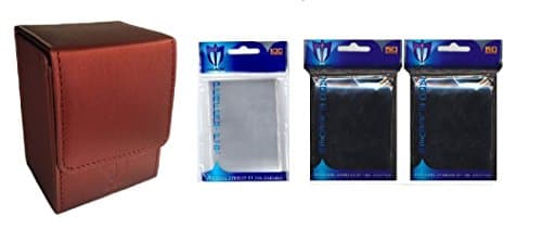 Combo Premium DOUBLE SLEEVING KIT Bundle - RED Leatherette ION Deck Box + 100 BLACK GLOSS Finish Sleeves and 100 Perfect Fit Sleeves (fits Magic, Force of Will, Pokemon Cards)