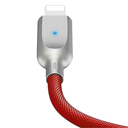 Lightning iPhone Cable, 6ft Smart Led Auto Disconnect Nylon Braided Lightning to USB Sync &amp; Charger Charging Cable for iPhone X, 8, 8 Plus, 7, 7 Plus, 6s, 6 Plus, 5s, 5, &amp; other apple devices (Red)