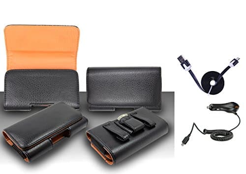 Pouch Case For LG G3 - Premium Classic Black Pebble Texture Leather Design Horizontal Leather Belt Case Clip Holster Pouch Cover Case (Fit for Single Phone With Thin Case or Back Cover Together) + Car Charger + 1 of 1M/3Feet Stylish Micro USB To USB 2.0 Data Sync Charger Flat Cable