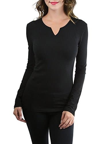 COTTON PICKING GIRLS Women's Basic Solid Color Tee Breathable Soft Long Sleeve Cotton T-shirt (L, Black/Small-V)