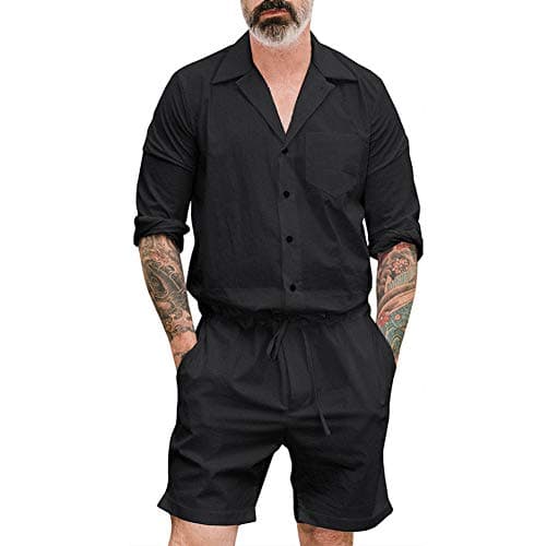 Mens Long Sleeve Cargo Romper Overalls, Button Down Tee Short Jumpsuit Workwear