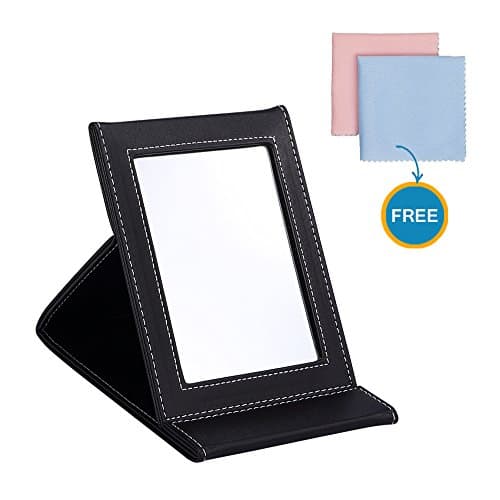 Prosper Prospects PU Leather Vanity Mirror, Makeup Mirror Folding Tabletop Mirror Portable Travel Mirror with Adjustable Stand for Personal Use, Camping, Travelling, Emergency Signaling(Black)