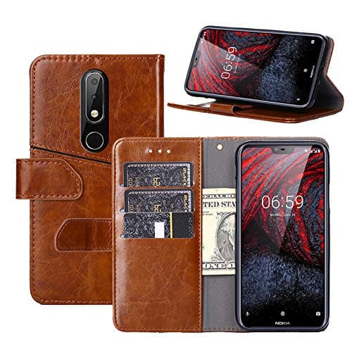 Nokia 6.1 Plus Case,Nokia X6 Case,YEEGG Premium Leather Wallet Case Flip Cover for Nokia X6 (5.8 inch) (Brown)