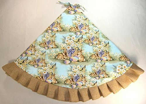 Easter Tree Skirt, 47" Rabbits on Light Teal with Burlap Ruffle
