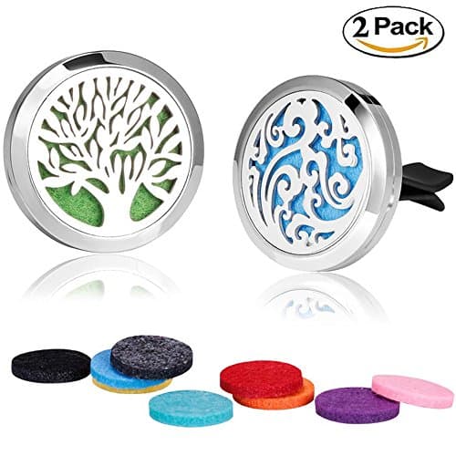 OUTTRYIT Car Aromatherapy Essential Oil Vent Clip Diffuser 316L Stainless Steel Locket Air Freshener Silver Color Tree and Wave 2pcs 30mm + 20 Felt Pads