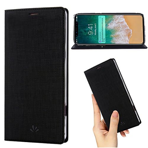 Iphone X Case,Premium Flip Leather Wallet Phone Case kickstand Stand Card Slot Magnetic Design Full Body Shockproof Protective Cover Inner Clear TPU Thin Case for Iphone X (Black)