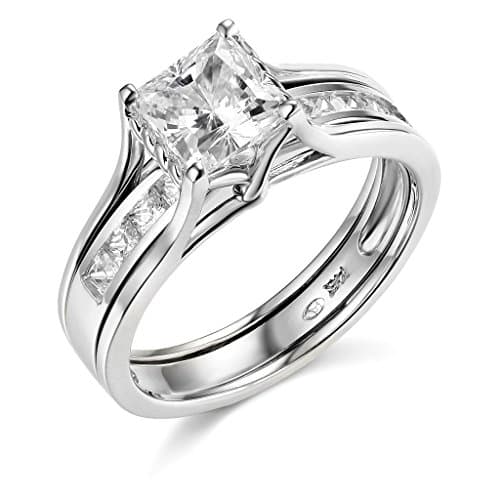 14k White Gold SOLID Princess Square Engagement Ring & Wedding Band Set - Size 5