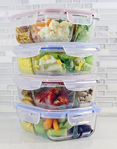 [4 PACK] FreshSav 35.5 oz 2 Compartment &amp; 3-Compartment Glass Meal &amp; Food Storage Containers Set Airtight locking Lids | Microwave,Freezer,Oven &amp; Dishwasher Safe | 2 Regular Lid + 2 Lid with Utensils