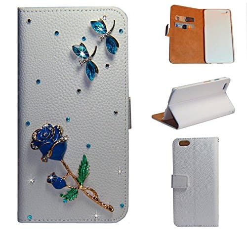 iPhone 6S Plus Case, iPhone 6 Plus Case, MGIFTSHOP Luxury 3D Bling Diamond Crystal Rhinestone Wallet Leather Purse Flip Card Pouch Stand Cover Case for Apple iPhone 6S Plus / iPhone 6 Plus [BlueRose]