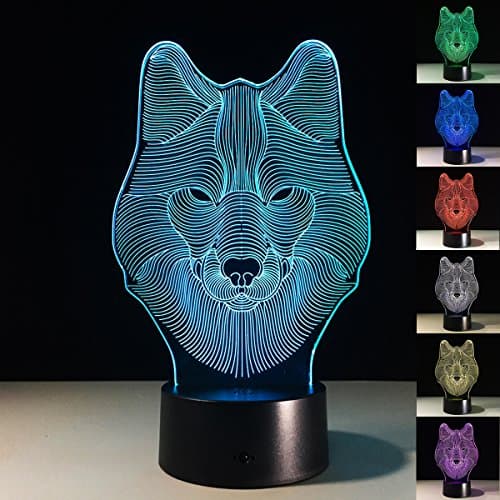 XJCKING Animals Wolf 3D Optical Illusion Night Light Touch Table Desk Lamps,7 Color Changing Lights with Acrylic Flat &amp; ABS Base &amp; USB Charger