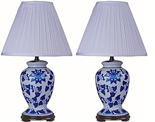 Park Madison Lighting PMT-2114 Ginger Jar Table Lamp Set with Blue Delf-Like Finish and Wood Base (2 Piece)