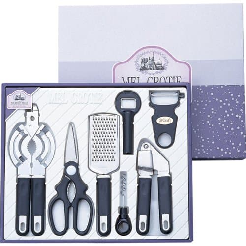 Satake Sangyo MC-04 Kitchen Tools, 7-Piece Set, Kitchen Scissors, Peeler, Grater, Corkscrew, Bottle Opener, Jar Opener, Garlic Squeezer, Mel Croche