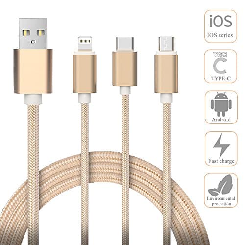 Hathow 3 in 1 USB Cable, 4 FT Durable High Speed Micro USB Charger Cable Premium Nylon Braided Multi Charger Cable with Type C/ Micro USB/ 8 Pin Lightning Charging for Universal Use - Gold