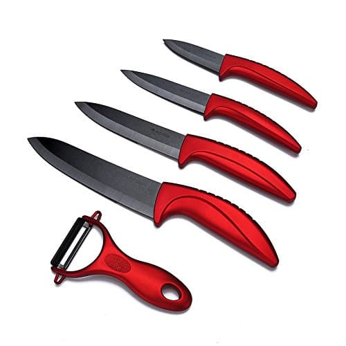 Ceramic Knife Set, 9 Pieces Cutlery Chef Kitchen Knives With Sheaths - Red Handle, Black Blade For Cutting Fruits Vegetables &amp; Meats With A Fruit