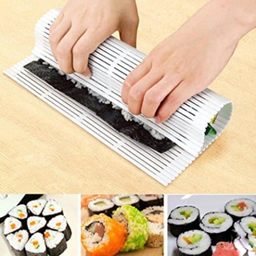 Yeefant Non-Stick Plastic Sushi Maker Kit Rice Roll Mold Kitchen DIY Mould Roller Mat Paddle Set,8.5x9.5x0.04 Inch,White