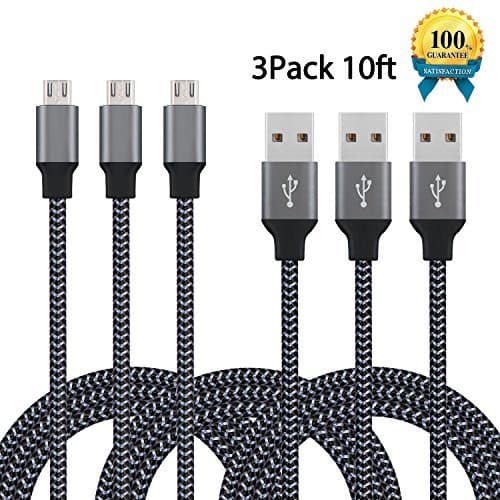 Micro USB Cable, Redlink 10 Feet Extra Long Micro USB to USB 2.0 Cable, A Male to Micro B Charge and Sync Cord for Android/Windows/MP3/Camera and Other Device(3 Pack, Carbon Black)