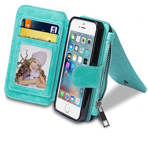 iPhone 5S Case, WINNETEK PVC Material Waterproof iPhone 5S Wallet Case, 2 in 1 Zipper Purse with Card Slots Detachable Shockproof Soft Rubber Bumper Case for iPhone 5 5s - Mint