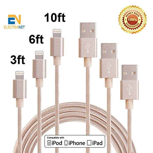 ElectraNet Apple MFi Certified Lightning to USB Sync and Charging Cable - Nylon Braided iPhone Charger Cable 3ft, 6ft, 10ft - iPhone 7, SE, 5, 5s, 6, 6s, 6,i Pad Air, Mini, iPod (Gold)