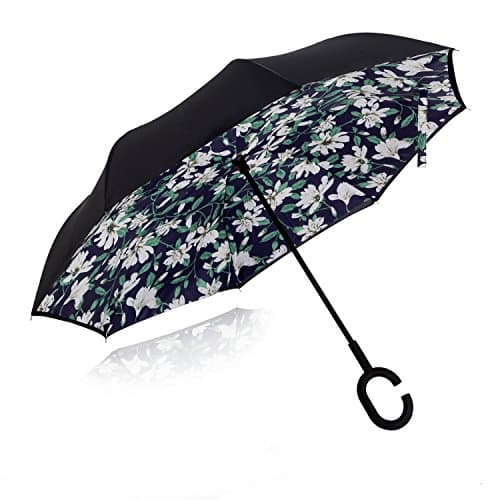 Strawberry Double Layer Wind/UV Proof Reverse Folding Inverted Travel Umbrella with C Shape Handle and Carrying Bag, Dark Lily
