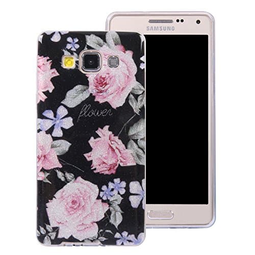 Galaxy A3 2015 Bling Case,Glitter Case for Samsung A3 2015,Leeook Pretty Creative Lovely Sparkle Black Pink Rose Flower Pattern Design Soft TPU Back Cover Shockproof Shining Fashion Style Silicone Gel Case Cover Bumper for Samsung Galaxy A3 2015 + 1 x Free Black Stylus
