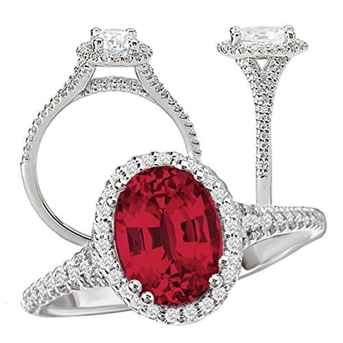 18k Elite Collection Chatham lab-grown 7x5mm oval ruby diamond halo engagement ring with split shank