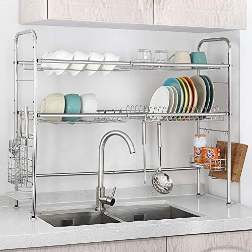 Dish Drying Rack Over the Sink Dish Drainer 2 Tier Width Adjustable Dish Rack Stainless Steel Kitchen Countertop Organizer Length Expandable Utensil Holder with 6 Hooks and Anti-slip Mats