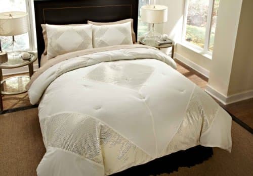 Divatex 75 GSM Metallic Printed Bling Microfiber Dot Full/Queen Mini Comforter Set, Ivory/Gold