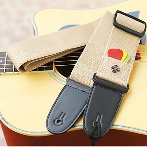 OLizee 59 x 2" Cotton Guitar Strap with Leather Ends Pick Pocket and 3pcs Guitar Picks, Khaki