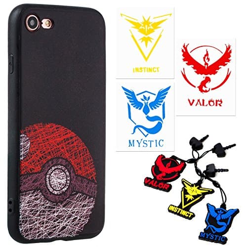 iPhone 7 Plus Case - Pokemon Go Theme [Pokeball Design] (1) + Audio Plug Charm Valor, Mystic &amp; Instinct (3) + 2" Decal for Each Team (3)