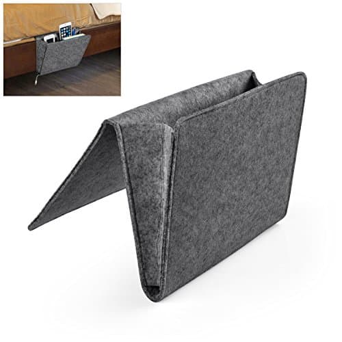 [Upgraded Version] Daite Super Thick Felt Bedside Caddy Organizer for Phone, Remote, Magzine etc. Cardboard Inserted, Inside 2 Small Pockets and Side Hole for Recharging Cable(Dark grey with hole)