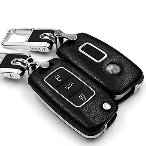 Saibon BLACK Protective Genuine Leather Top Layer Hard Back Folding Key Remote Entry Fob Case Keychain for Volkswagen 2/3 Button