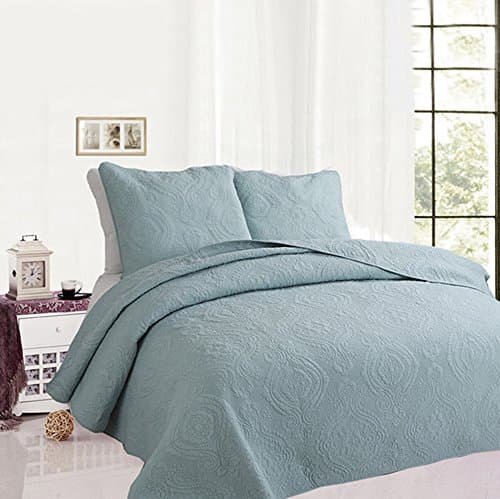 Solid color 3-Piece Quilt Set 100%Cotton, Bedspread Set, Finely Stitched, Coverlet Bed-cover, Washable Durable (Queen, Blue)