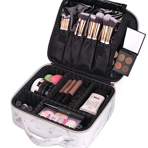Functional Compartments Cosmetic Makeup Storage Bag Marble Pattern Travel Vanity Brush Case for Women Girl (White Marble)