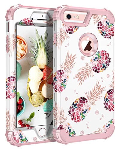 Pandawell Compatible iPhone 6s Plus Case 6 Plus Case Floral 3 in 1 Heavy Duty Hybrid Armor High Impact Shockproof Protective Cover Case for Apple iPhone 6 Plus/6s Plus, Pineapple/Rose Gold